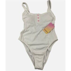 Stoney Clover Lane One Piece Swimsuit White Henley Heart Button Size XS